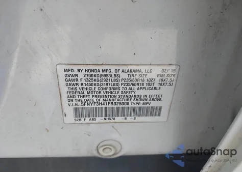 2015 Honda Pilot Ex из США, поврежденный, VIN 5FNYF3H41FB025008